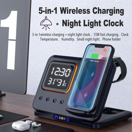15W Wireless Chargers Stand 5 In1 LED Alarm